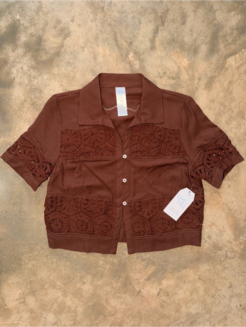 NWT Time & Tru Brown Crochet Panel Button Front Resort Shirt XS